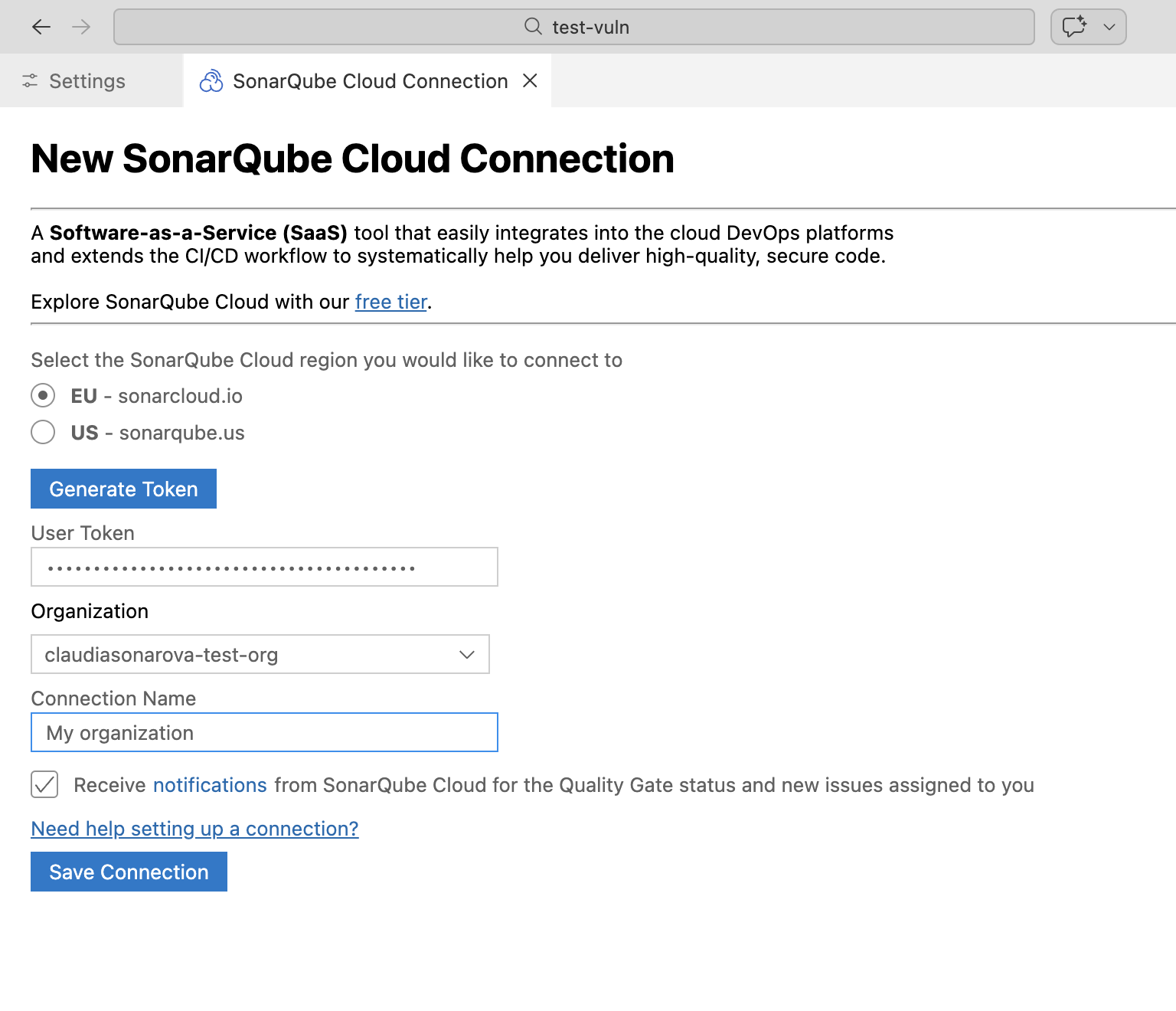 Add the SonarQube Cloud details to set up your connection with SonarQube for VS Code.