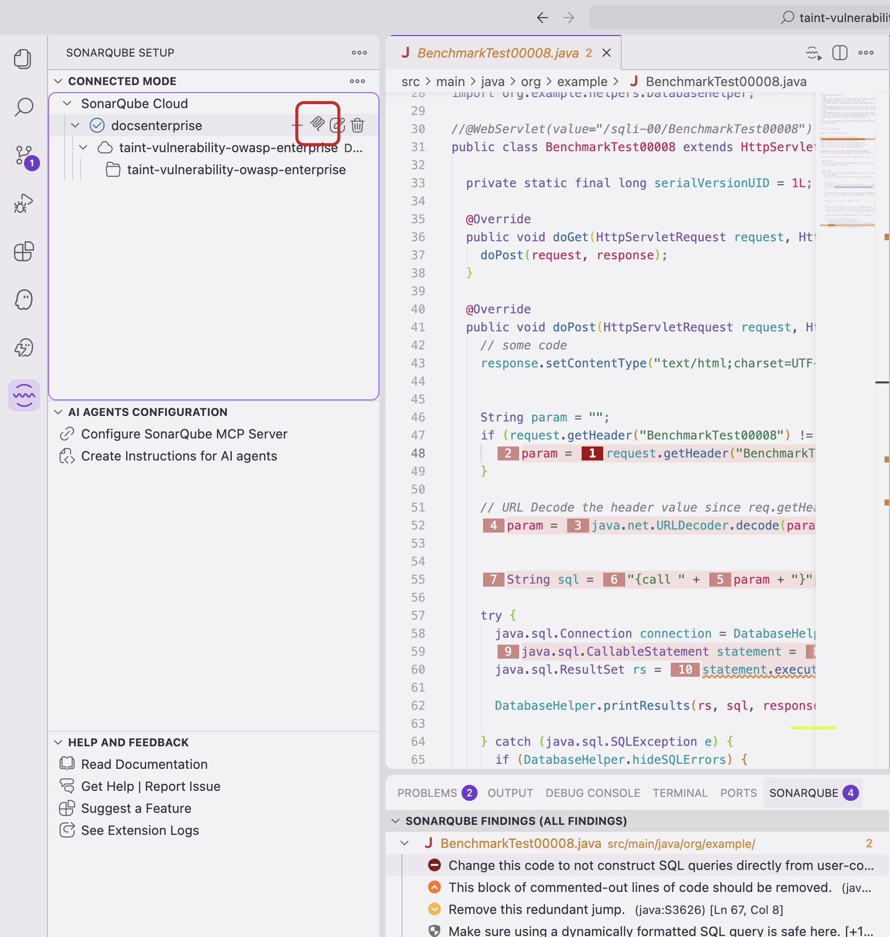 Select the MCP Server icon and use your connected mode credentials to populate the MCP environment variables.