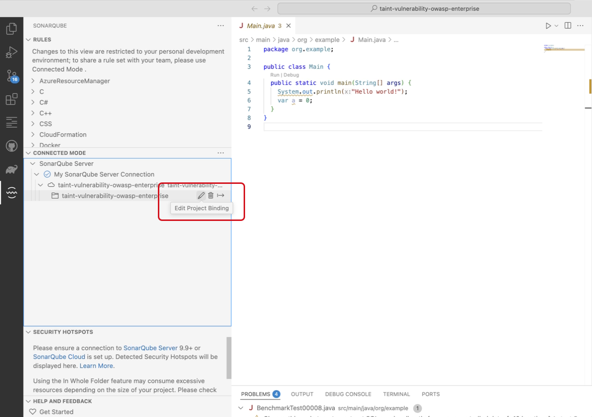 Select the pencil to edit your SonarQube Server or SonarQube Cloud binding.