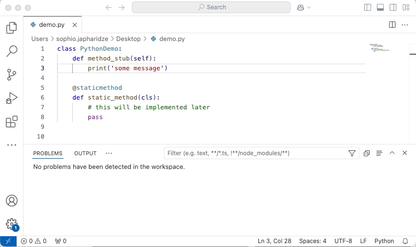 To analyze a your code with SonarQube for VS Code, simply type. Any issues will be highlighted in the code editor and you will see a full list of issues in the PROBLEMS panel.