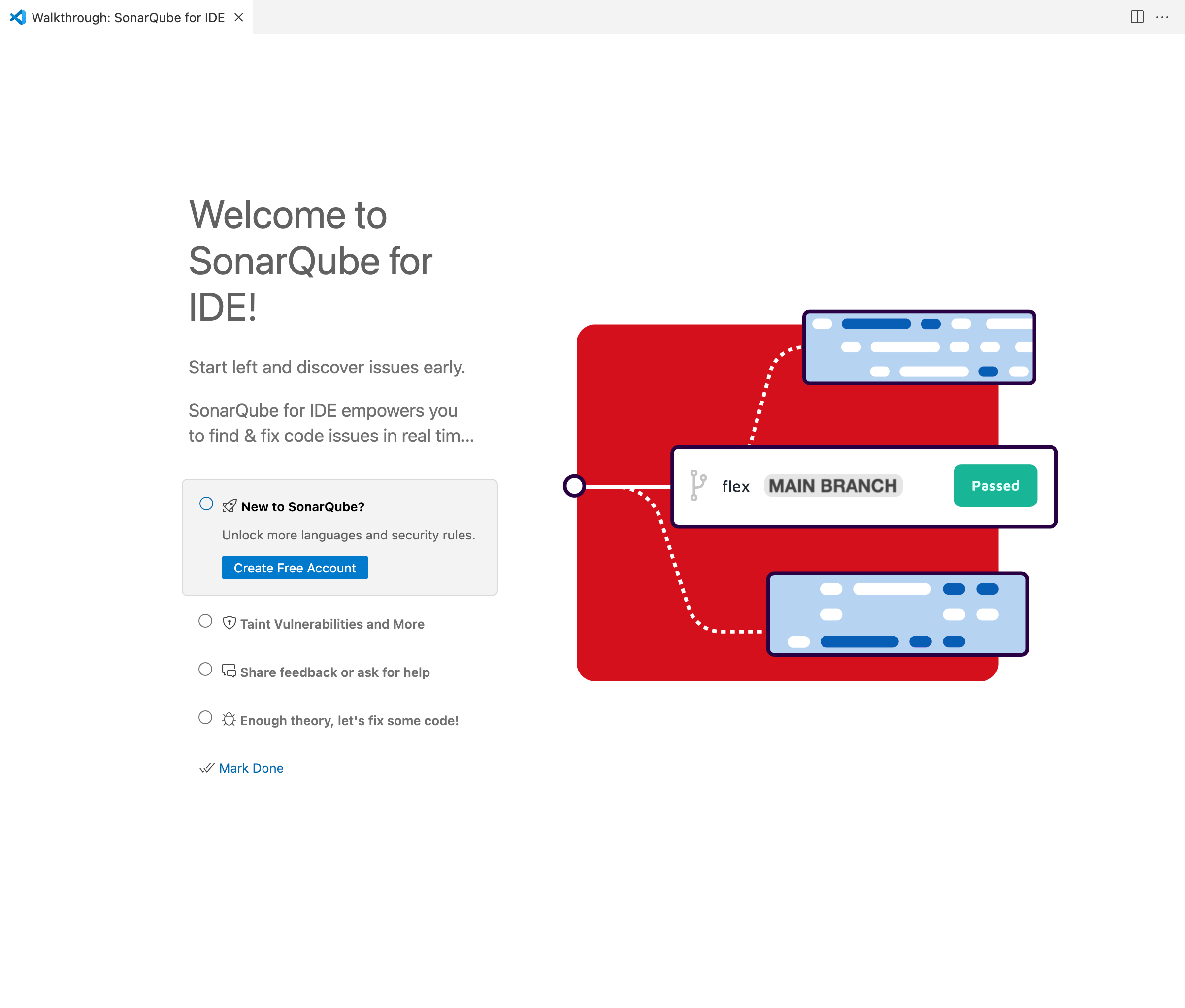 The Welcome to SonarSonarQube for VS Code introduction walkthrough screen.