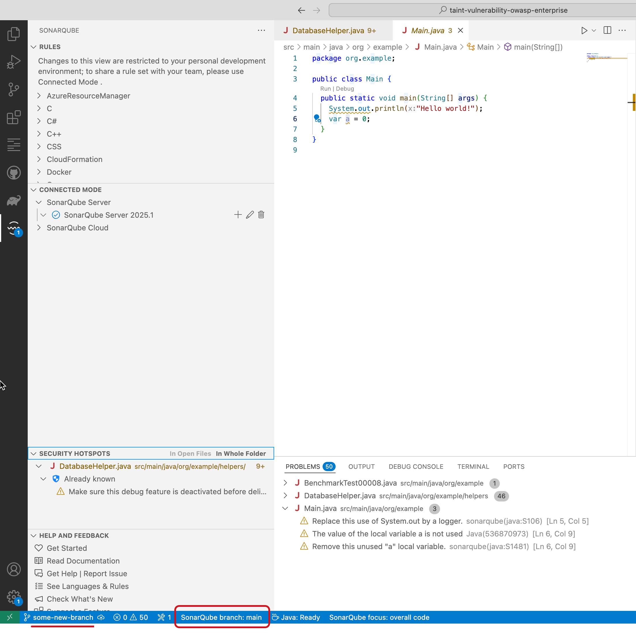 SonarQube for VS Code will display the name of the matched analyzed branch on the server.