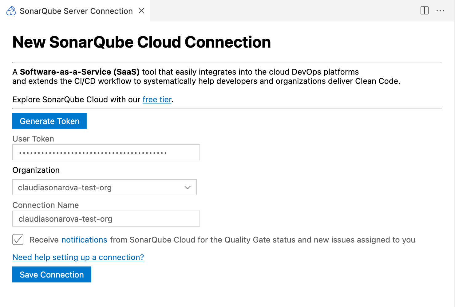Add the SonarQube Cloud details to set up your connection with SonarQube for VS Code.
