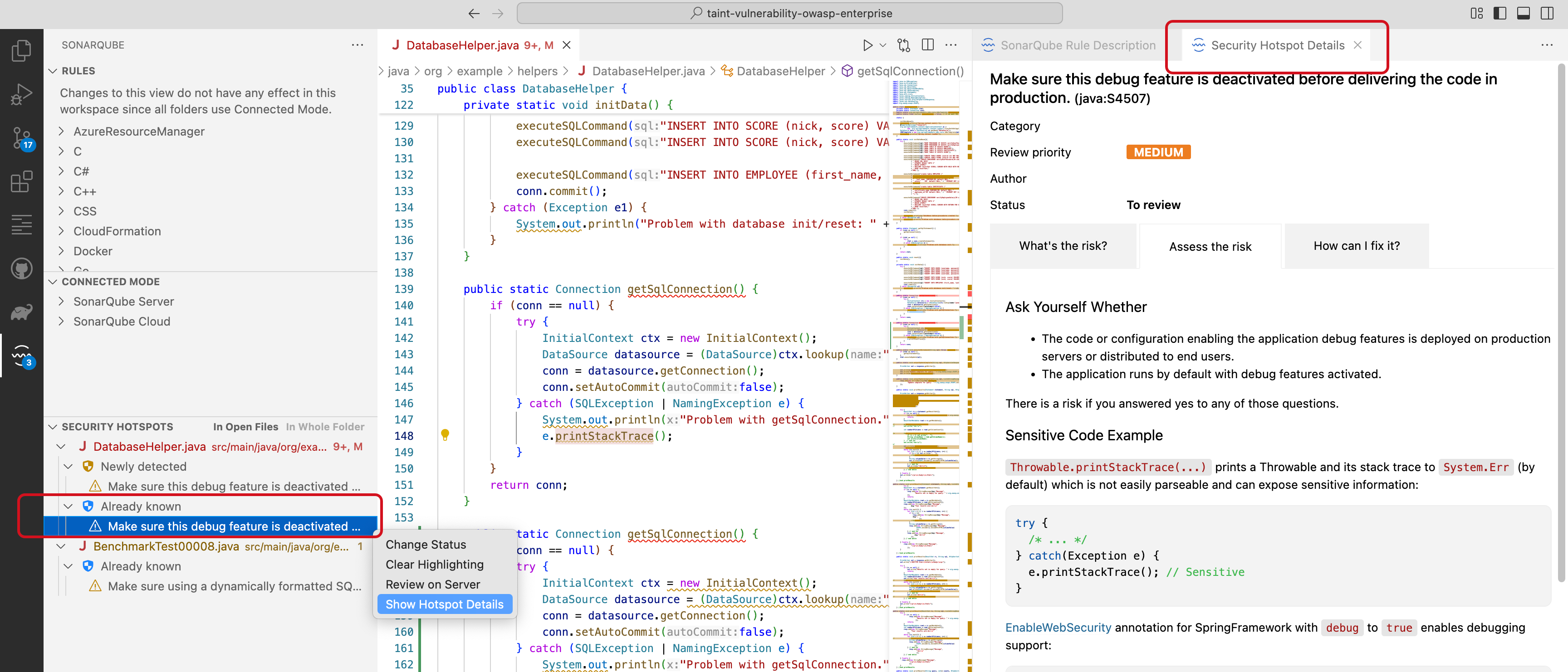 It's possible to change the status of a hotspot, clear its highlighting, open it on the server, and show the hotspot's details in SonarQube for VS Code. Any changes you make to the status will be reflected in SonarQube Server or on SonarQube Cloud.