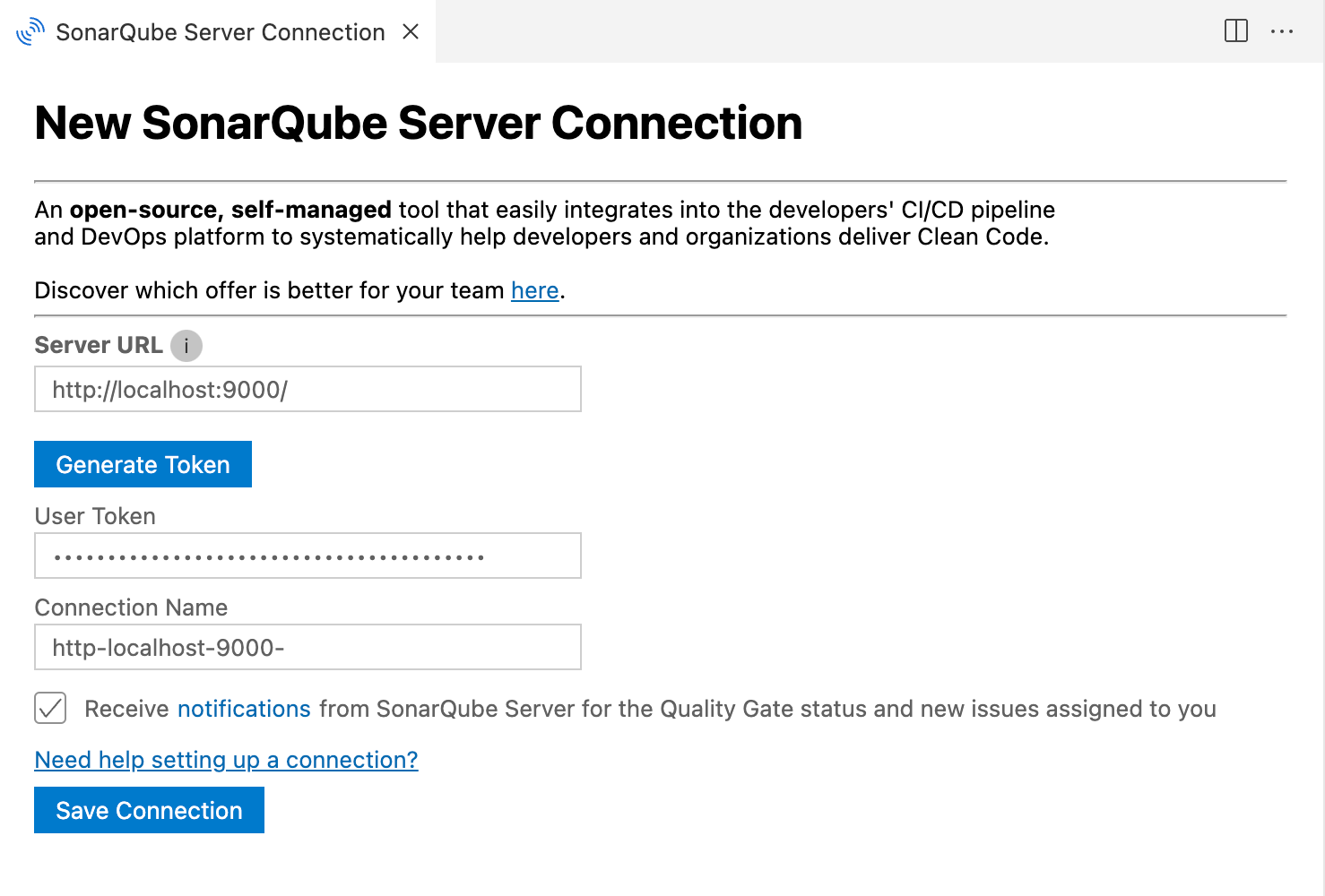Add the SonarQube Server details to set up your connection with SonarQube for VS Code.