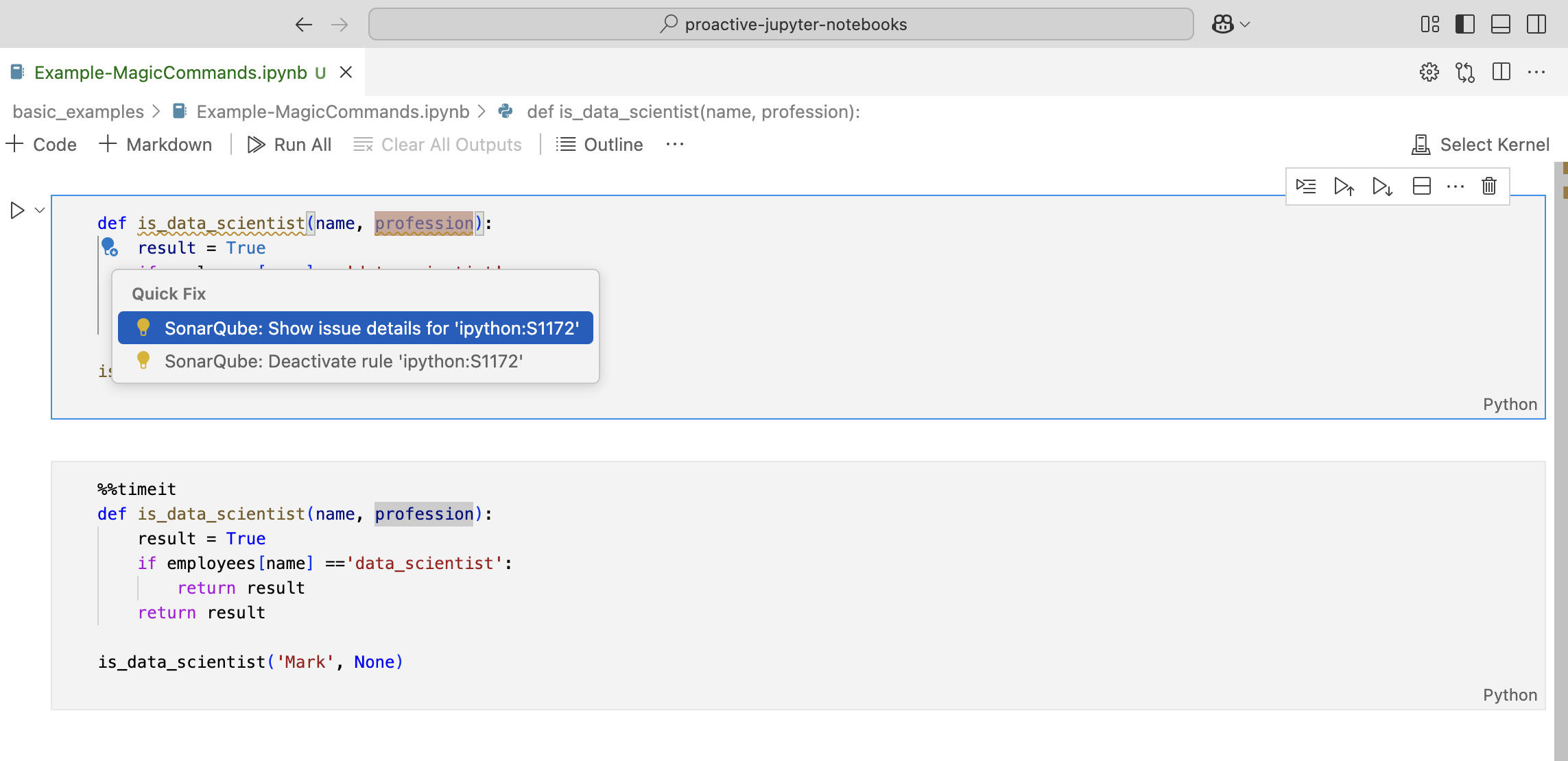SonarQube for VS Code without a cell magic command above, and with a cell magic command below.