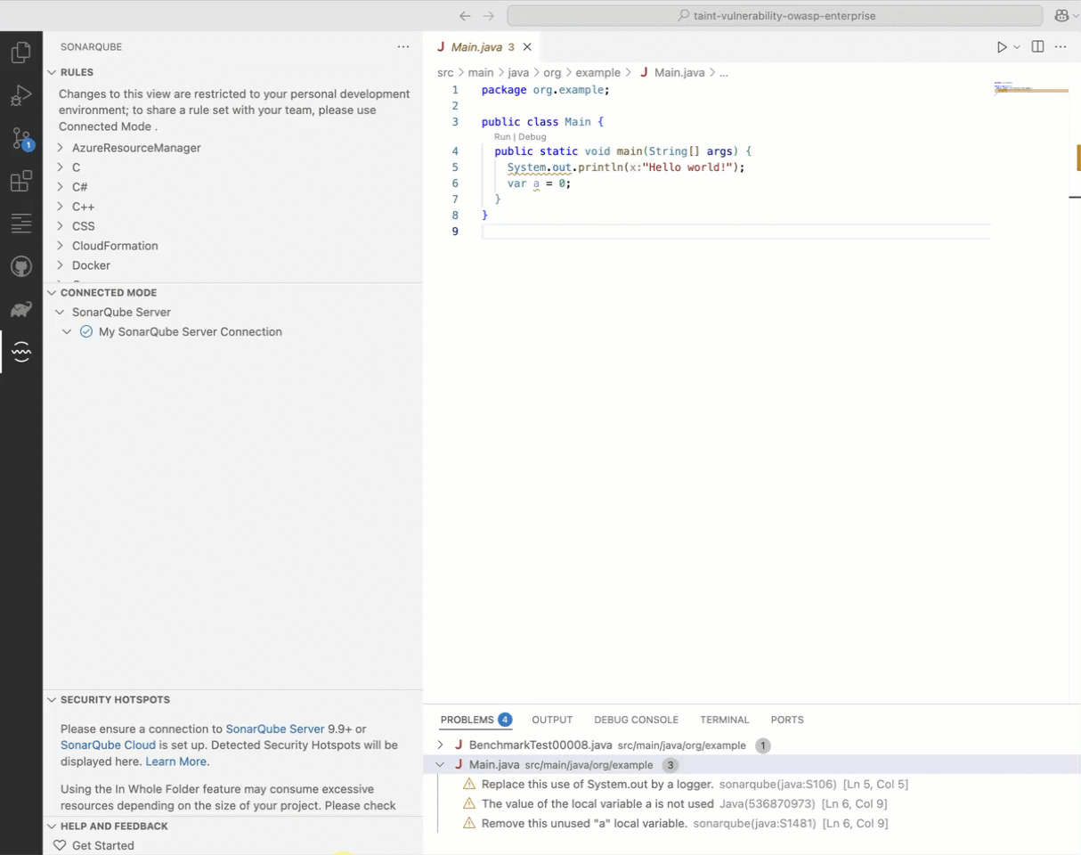 Select the ＋ icon to select a SonarQube Server or SonarQube Cloud project to bind to.