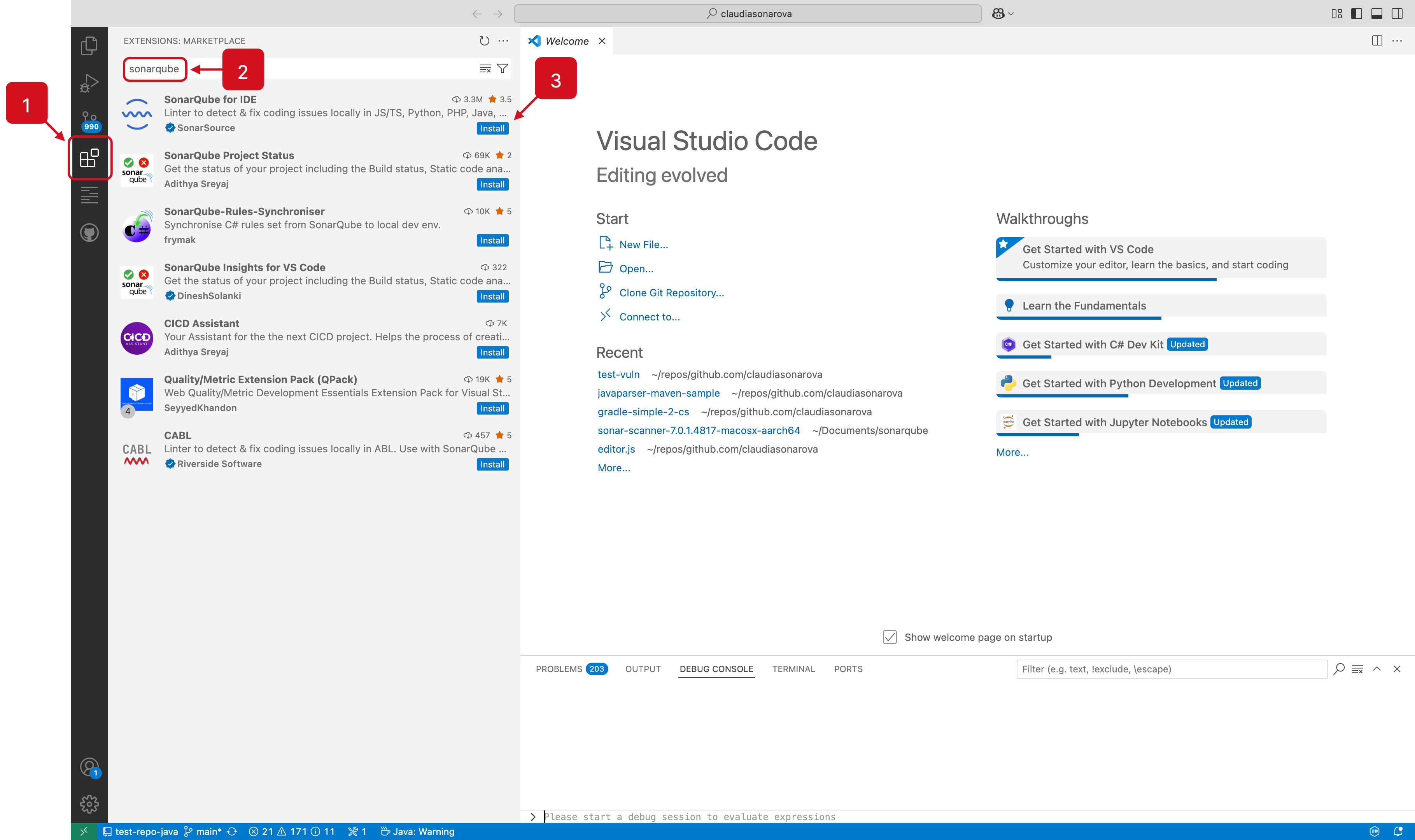 How to find SonarQube in the VS Code Extension Marketplace.
