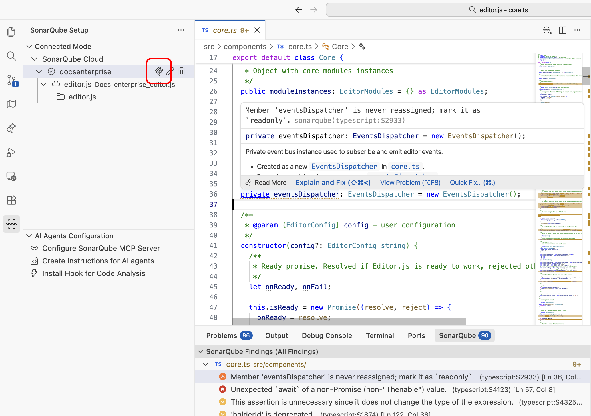 Select the MCP Server icon and use your connected mode credentials to populate the MCP environment variables.