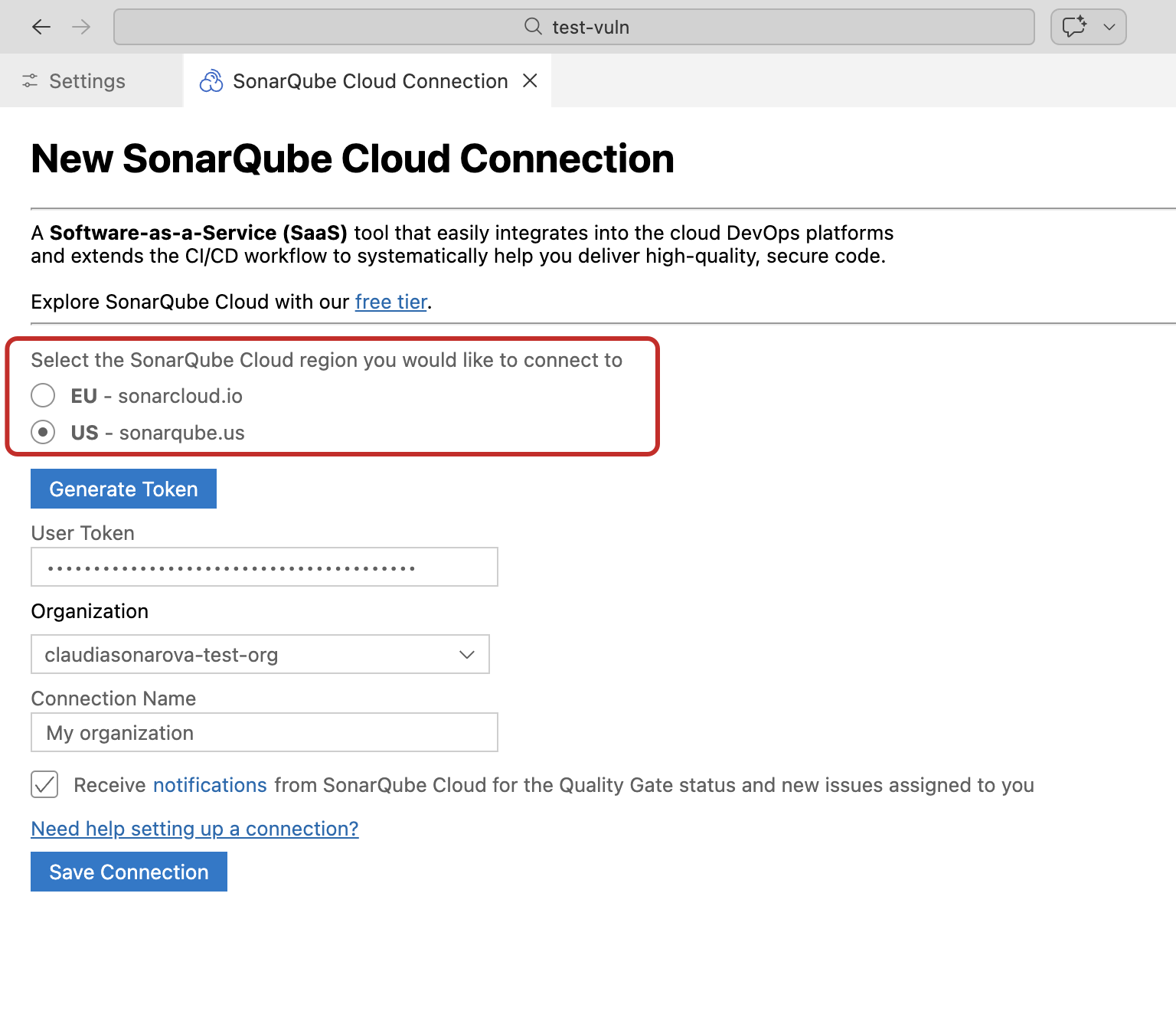 Be sure to select your region when adding a new SonarQube Cloud Connection.